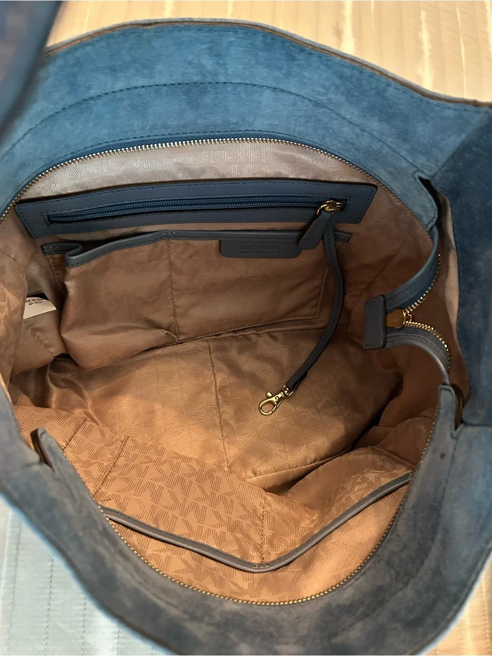 Michael Kors Blue Suede Leather Hobo Shoulder Bag Large Slouch Tote Purse
